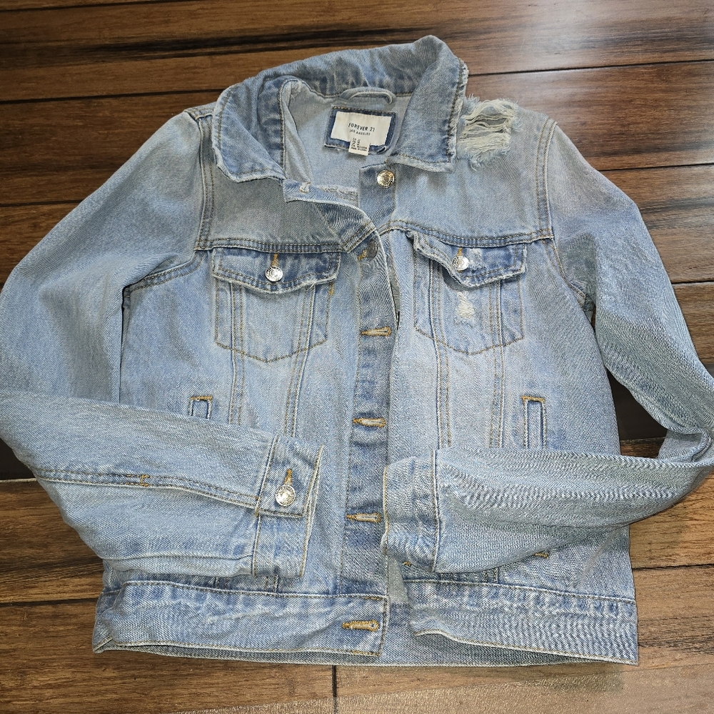 Forever 21 Distressed Light Blue Denim Jacket - Juniors Medium